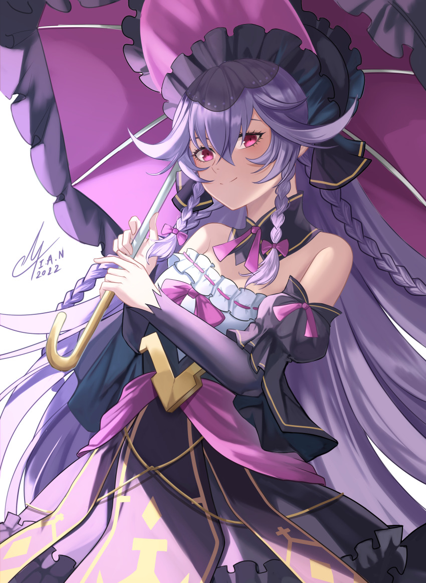 1girl absurdres angelica_(epic_seven) artist_name bare_shoulders bonnet braid closed_mouth dated detached_sleeves dress epic_seven frilled_dress frills gothic_lolita headpiece highres holding holding_umbrella i_a_n lolita_fashion long_hair looking_at_viewer pink_eyes purple_hair shaded_face sidelocks signature simple_background sinful_angelica_(epic_seven) smile solo twin_braids umbrella white_background