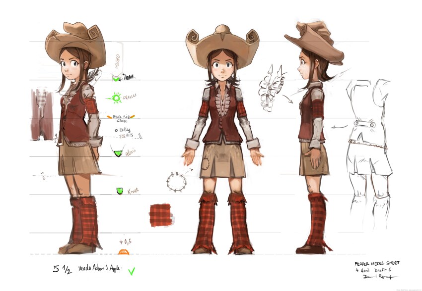 1girl absurdres armband arms_at_sides arms_behind_back arrow_(symbol) back_bow blue_eyes bow breasts brown_hair brown_shoes brown_skirt buttons center_frills checkered_armband checkered_clothes checkered_leg_warmers collared_shirt david_revoy english_text frilled_shirt frills from_side hair_behind_ear hat highres leg_warmers long_sleeves looking_at_viewer medium_hair multiple_persona multiple_views numbered open_mouth patch pepper&amp;carrot pepper_(pepper&amp;carrot) plus_sign red_armband red_leg_warmers red_vest reference_sheet shirt shoes sidelocks skirt smile solo standing vest white_shirt witch_hat