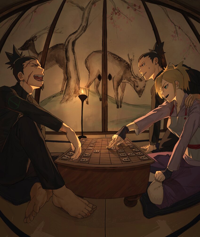 1girl 2boys arm_rest barefoot black_gloves black_hair black_pants black_shirt blonde_hair boruto:_naruto_next_generations clenched_teeth collarbone confused couple excited family father-in-law_and_daughter-in-law father_and_son feet fingerless_gloves from_side gloves green_eyes hair_between_eyes hair_up hand_on_another&#039;s_shoulder high_ponytail highres husband_and_wife indoors japanese_clothes knee_up kneeling leaning_forward long_sleeves multiple_boys multiple_scars nara_shikaku nara_shikamaru naruto_(series) on_ground open_mouth pants ponytail scar scar_on_face seiza serious shade shirt short_twintails shouji sitting slice_of_life sliding_doors sna9_104 spiked_hair sweatdrop teeth temari_(naruto) twintails upper_teeth_only