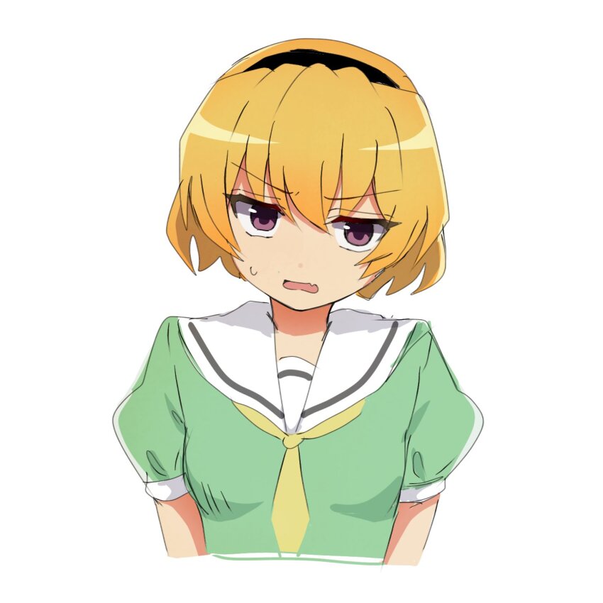 1girl black_hairband blonde_hair breasts cropped_torso fang green_shirt hairband highres higurashi_no_naku_koro_ni houjou_satoko looking_at_viewer neckerchief open_mouth puffy_short_sleeves puffy_sleeves purple_eyes sailor_collar school_uniform shirt short_hair short_sleeves simple_background skin_fang small_breasts solo sweatdrop white_background white_sailor_collar yellow_neckerchief yuno_ff