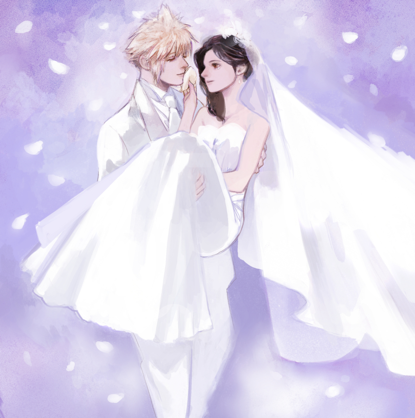 1boy 1girl bare_shoulders black_hair blonde_hair bridal_veil bride carrying closed_mouth cloud_strife commentary_request couple dress earrings falling_petals feet_out_of_frame final_fantasy final_fantasy_vii formal_clothes gradient_hair handkerchief happy_tears highres holding holding_handkerchief husband_and_wife jacket jewelry light_smile long_dress long_hair looking_at_another multicolored_hair necktie pants petals princess_carry purple_background red_eyes shirt short_hair single_earring smile spiked_hair standing strapless strapless_dress suit suit_jacket tears tifa_lockhart tori_(labyrinth_fft) veil wedding_dress white_dress white_necktie white_pants white_petals white_shirt white_suit