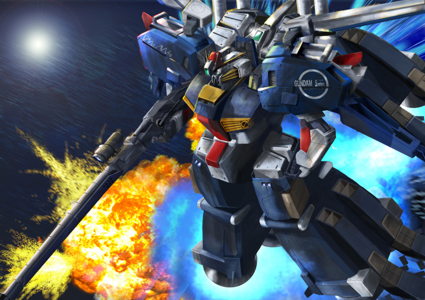 armor bad_id bad_pixiv_id beam_rifle energy_gun ex-s_gundam explosion flying green_eyes gun gundam gundam_sentinel holding holding_gun holding_weapon i.t.o_daynamics mecha motion_blur no_humans reactive_armor realistic reflection robot s_gundam science_fiction space sun water weapon