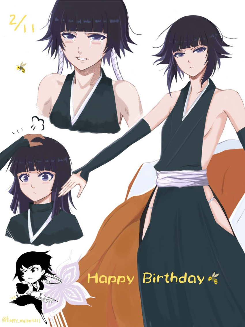 2girls aged_down backless_kimono bare_shoulders belt black_eyes black_hair black_hakama black_kimono black_shirt black_sleeves bleach blunt_bangs blush braid breasts bug butterfly caress chibi cowboy_shot crying crying_with_eyes_open dated detached_sleeves dual_persona fighting_stance greyscale hakama hakama_pants happy_birthday happy_melon4311 highres hip_vent houmonka insect japanese_clothes kicking kimono long_hair low_twin_braids medium_hair monochrome multiple_girls no_bra panties pants sash shihakusho shihouin_yoruichi shinigami shirt short_hair_with_long_locks side_slit sideboob sideless_kimono sideless_outfit simple_background sleeveless small_breasts streaming_tears stroking_hair sui-feng surprised tears teeth twin_braids twitter_username underwear wasp white_background white_belt white_panties white_sash