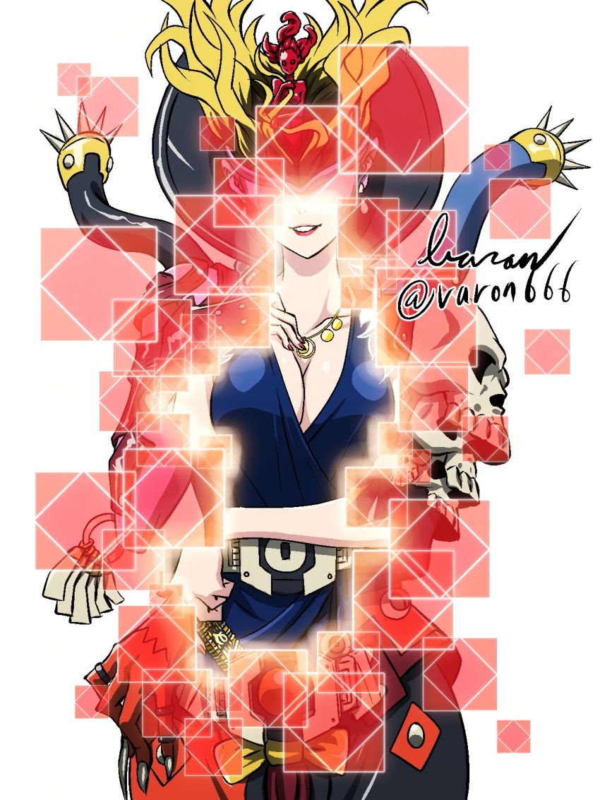 1girl baron_(varon666) belt breasts commentary_request dress fuuto_tantei gaia_memory highres jewelry kamen_rider kamen_rider_w large_breasts looking_at_viewer monster necklace official_art simple_background skull solo standing taboo_dopant teeth white_background