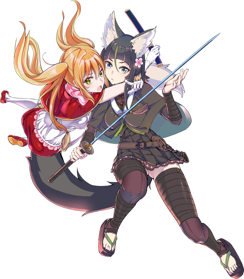 2girls absurdres animal_ears black_hair blonde_hair blunt_bangs cape closed_mouth dress flower fox_ears fox_girl gloves green_eyes hair_flower hair_ornament highres holding holding_weapon katana kitsunegasaki_tametsugu_(tenka_hyakken) long_hair miyabi_(tenka_hyakken) multiple_girls pink_scarf red_footwear scarf short_sword sword tamon_ketsuyuki tantou tenka_hyakken twintails weapon white_dress white_gloves