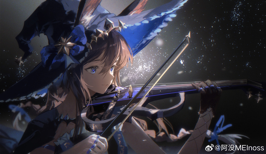 1girl absurdres ambience_synesthesia amiya_(arknights) amiya_(medic)_(arknights) amiya_(medic)_(solo_around_the_world)_(arknights) arknights artist_name black_background black_dress blue_eyes bow_(music) brown_hair closed_mouth dress ears_through_headwear frilled_hat frills gloves hair_between_eyes hat highres holding holding_bow_(music) instrument jewelry meinoss multiple_rings rabbit_girl ring single_glove two-sided_fabric two-sided_headwear violin watermark weibo_watermark witch_hat