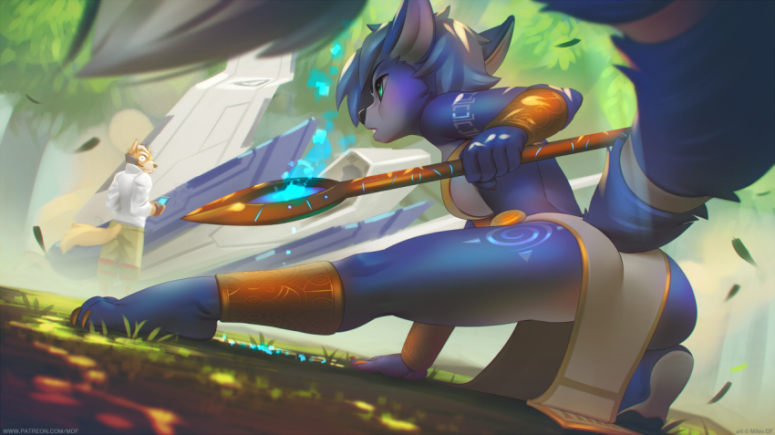1boy 1girl animal_ears anklet arm_support arwing ass blurry bracer depth_of_field fox_ears fox_mccloud fox_tail furry furry_female headset jewelry krystal looking_back miles-df nintendo paid_reward_available pelvic_curtain shin_guards spacecraft staff star_fox star_fox_adventures surprised tail