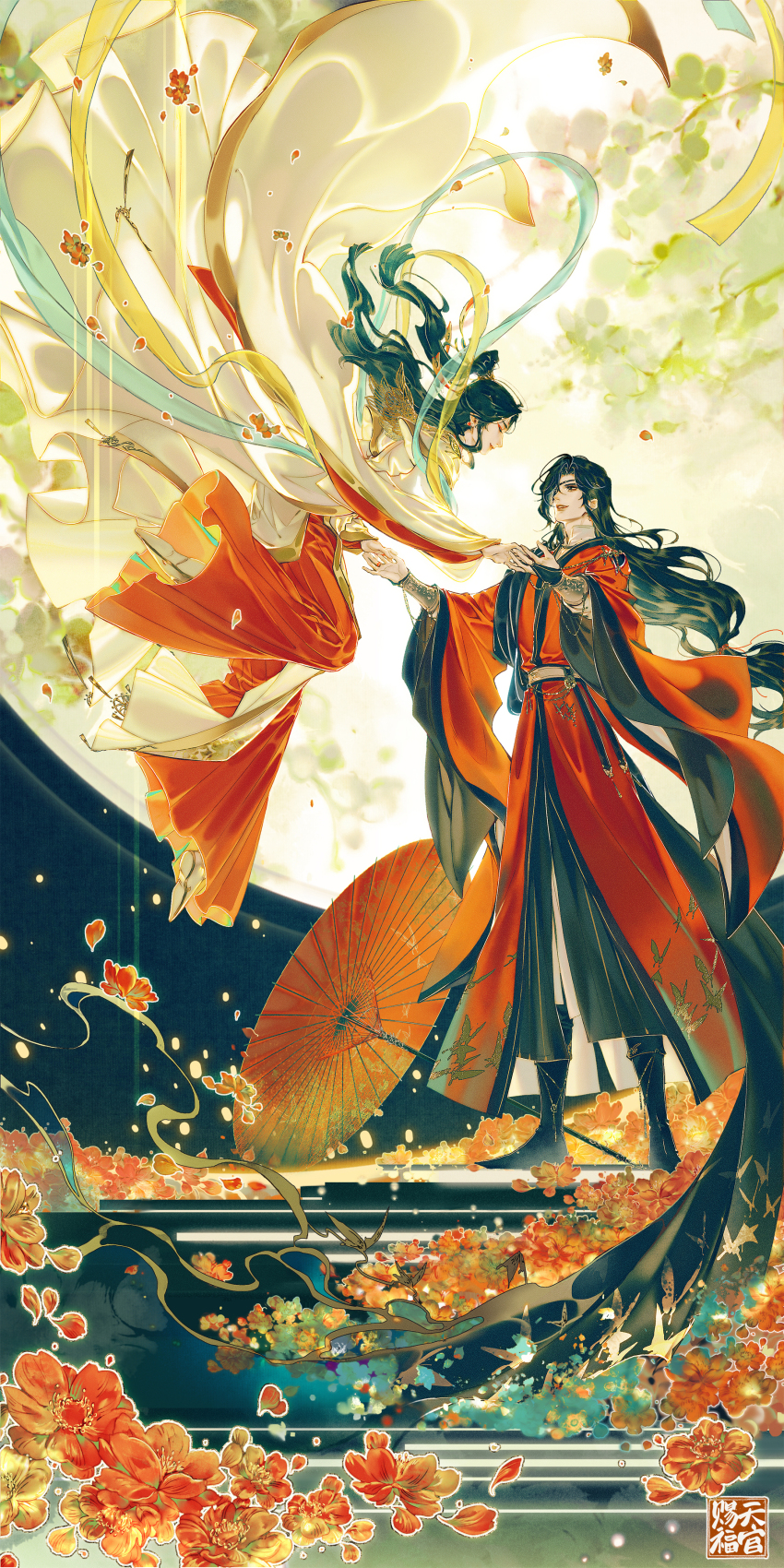 2boys absurdres black_boots black_hair boots chinese_clothes closed_eyes closed_mouth copyright_name dress earrings eyepatch falling_petals floating floating_hair flower flying full_body full_moon hair_ornament hanfu highres holding holding_hands hua_cheng jewelry long_hair long_sleeves looking_at_another low-tied_long_hair male_focus moon multiple_boys night official_alternate_costume official_alternate_hairstyle oil-paper_umbrella petals ponytail red_dress red_flower red_hanfu red_petals sash shawl sky smile starember tianguan_cifu umbrella white_hanfu wide_sleeves xie_lian xie_lian_(flower_crowned_martial_god) yaoi