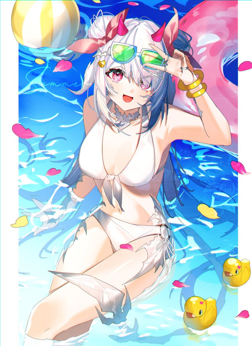 1girl au_ra ball bare_shoulders beachball bikini bow bracelet breasts double_bun dragon_girl dragon_horns dragon_tail eyewear_on_head final_fantasy final_fantasy_xiv front-tie_bikini_top front-tie_top hair_bow hair_bun hair_ornament highres horns innertube jewelry long_hair looking_at_viewer motsuni_(lxxe1120) multiple_rings navel o-ring o-ring_bikini o-ring_bottom partially_submerged red_eyes ring rubber_duck scales solo stomach swim_ring swimsuit tail v warrior_of_light_(ff14) white_bikini white_hair