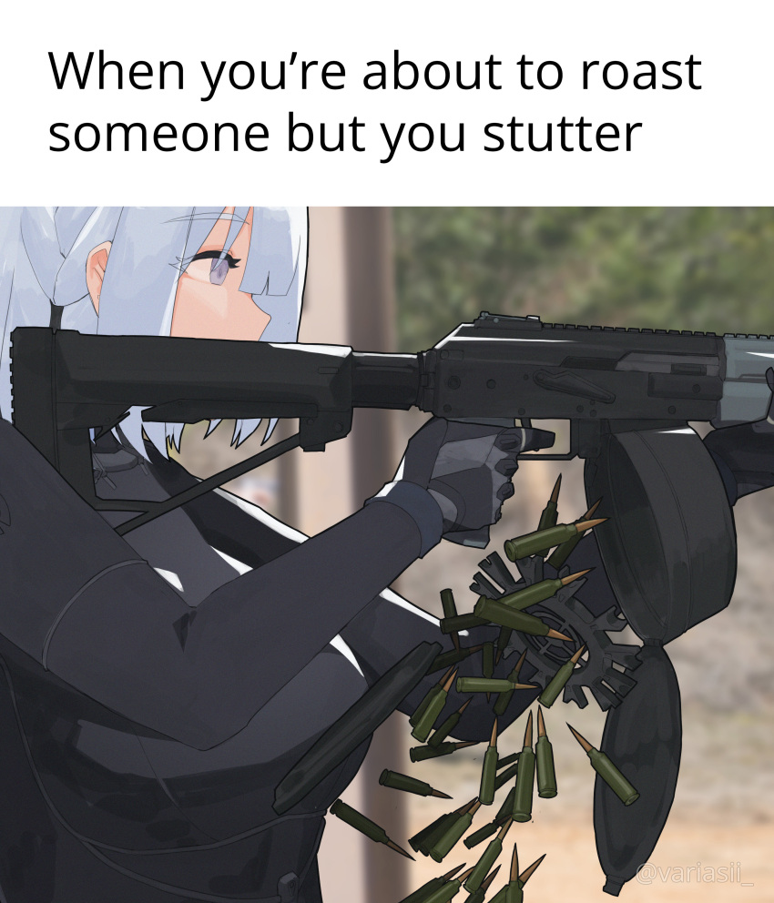 1girl 5.45x39mm absurdres aiming ammunition breasts bullet commentary drum_magazine english_text finger_on_trigger from_side girls&#039;_frontline gun gun_malfunction highres holding holding_gun holding_weapon intermediate_cartridge light_machine_gun machine_gun magazine_(weapon) medium_hair meme photo_background purple_eyes rifle_cartridge rpk-16 rpk-16_(girls&#039;_frontline) solo symbol-only_commentary upper_body variasii weapon white_hair