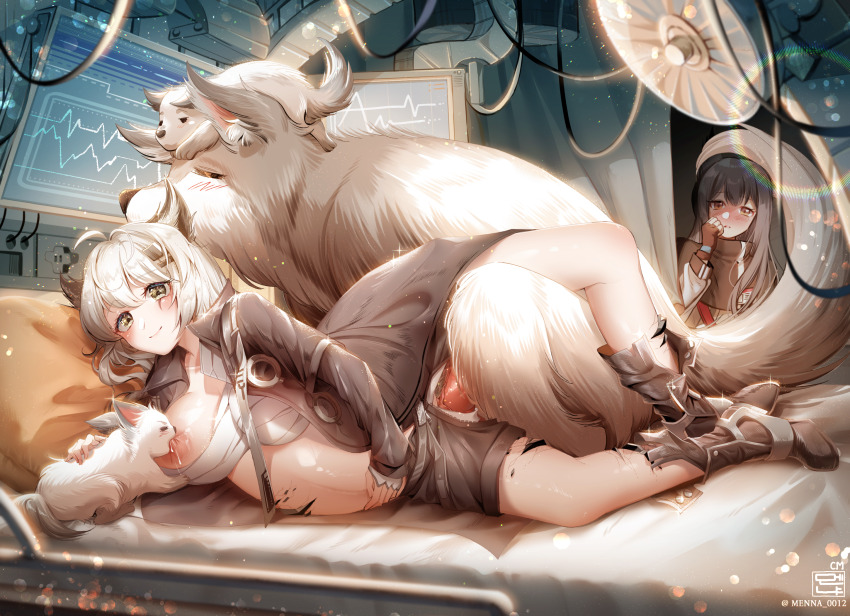 2girls animal_penis arknights bestiality dog hetero highres knotted_penis knotting lappland_(arknights) multiple_girls non-web_source nude penis pregnant puppy pussy texas_(arknights) tyranno_9807 vaginal voyeurism white_fur wolf