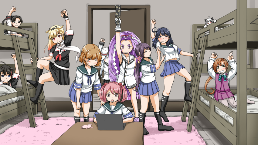 abyssal_ship ahoge akebono_(kancolle) akigumo_(kancolle) ayanami_(kancolle) ayanami_kai_ni_(kancolle) bed bell black_gloves black_hair black_sailor_collar black_serafuku blonde_hair blue_sailor_collar blue_skirt braid brown_hair bunk_bed commentary_request computer cowboy_shot door dress fingerless_gloves gloves hair_bell hair_flaps hair_ornament hair_over_shoulder hatsuharu_(kancolle) hatsuharu_kai_ni_(kancolle) hibiki_(kancolle) highres index_finger_raised jingle_bell kantai_collection ladder laptop long_hair looking_at_viewer mimofu_(fullhighkick) northern_ocean_princess oboro_(kancolle) pink_hair pleated_dress ponytail purple_dress purple_hair raised_fist sailor_collar sailor_dress sazanami_(kancolle) scarf school_uniform serafuku shigure_(kancolle) shigure_kai_ni_(kancolle) side_ponytail silver_hair single_braid skirt surprised table ushio_(kancolle) verniy_(kancolle) white_dress white_headwear white_scarf yuudachi_(kancolle) yuudachi_kai_ni_(kancolle)