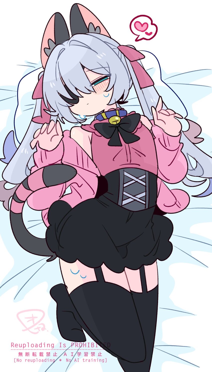 1boy animal_ear_fluff animal_ears bare_shoulders bell black_bow black_bowtie black_corset black_skirt black_thighhighs blue_collar blue_eyes blue_hair blush bow bowtie bulge cardigan cat_boy cat_ears cat_tail closed_mouth collar colored_tips commentary corset crossdressing crossdressing_(mtf) eyepatch flipped_hair foot_out_of_frame frilled_collar frills full_body garter_straps grey_tail hair_between_eyes hair_bow hair_intakes hands_up heart highres long_hair long_sleeves lying male_focus multicolored_hair narrowed_eyes neck_bell no_nose no_shoes off_shoulder on_back one_eye_covered op_na_yarou open_cardigan open_clothes original parted_bangs pillow pink_bow pink_cardigan pink_ribbon pink_shirt quad_tails red_hair ribbon rigel_(op_na_yarou) see-through_clothes see-through_skirt shirt sidelocks simple_background skirt sleeveless sleeveless_shirt solo speech_bubble spoken_heart straight_hair sweat tail tail_ornament tail_ribbon thighhighs thighs trap watermark white_background white_hair