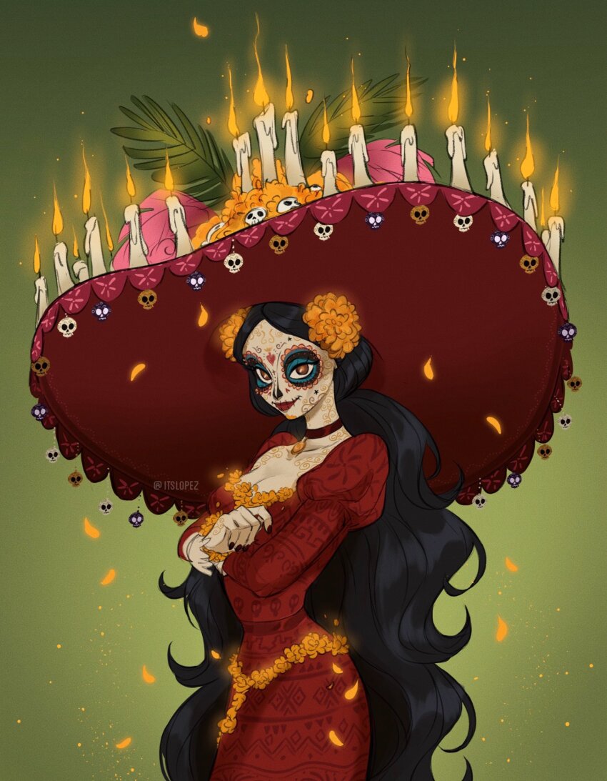 1girl black_hair brown_eyes candle crossed_arms dress hat highres itslopezz la_muerte long_hair looking_at_viewer mexican_dress red_dress skull smile solo sun_hat the_book_of_life very_long_hair