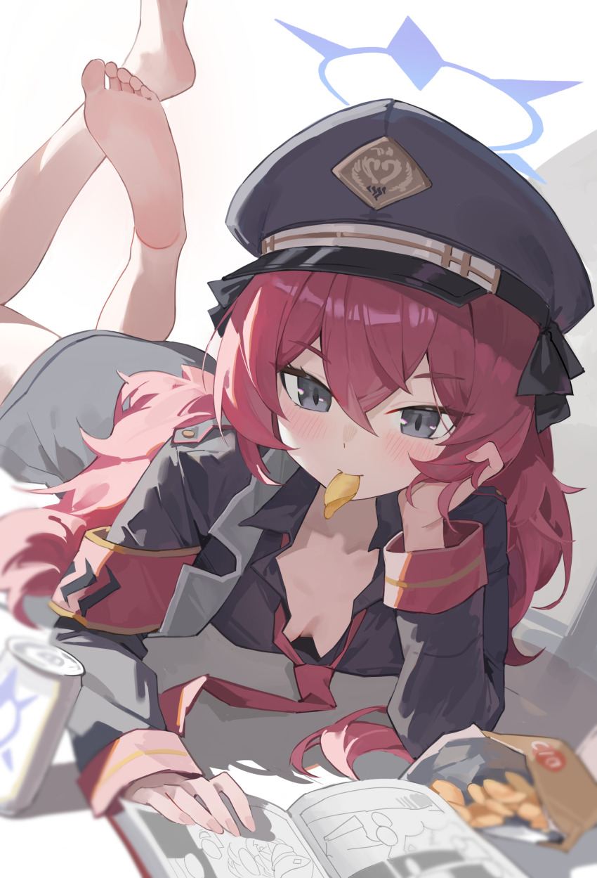 1girl absurdres armband bag_of_chips bare_legs barefoot black_hat black_jacket black_ribbon blue_archive blush book breasts can chips_(food) cleavage collared_shirt commentary_request dot_nose downblouse drink_can fang5hine feet feet_up fingernails fluffy_hair food food_in_mouth gehenna_academy_logo grey_eyes hair_between_eyes hair_ribbon halo hand_on_own_cheek hand_on_own_face hand_support hat head_on_hand head_rest highres iroha_(blue_archive) jacket loli long_hair long_sleeves looking_at_viewer loose_necktie lying manga_(object) military_hat military_jacket necktie no_bra on_stomach open_book open_clothes open_jacket peaked_cap potato_chips purple_halo reading red_armband red_hair red_necktie ribbon shirt simple_background small_breasts soles solo thighs toes very_long_hair wavy_hair white_background