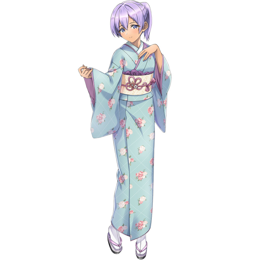 1girl blue_eyes blue_kimono breasts closed_mouth dark-skinned_female dark_skin dolphin_wave floral_print floral_print_kimono game_cg hand_on_own_chest highres japanese_clothes kimono looking_at_viewer medium_breasts medium_hair non-web_source official_art ootomo_takuji ponytail print_kimono purple_hair sandals smile solo souma_hayate tan transparent_background