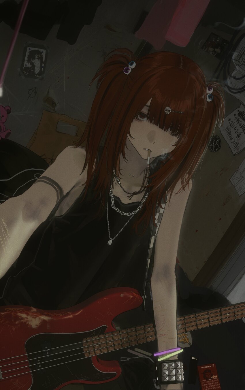 1boy absurdres ashtray bass_guitar black_tank_top chain chain_necklace che_guevara cigarette dog_tags dutch_angle eyeball_hair_ornament guitar hair_ornament highres hirota_tsuu indoors instrument jewelry looking_at_viewer male_focus neck_piercing necklace original pentagram photo_(object) red_eyes red_hair self-harm selfie skull_hair_ornament solo tank_top trap two_side_up upper_body