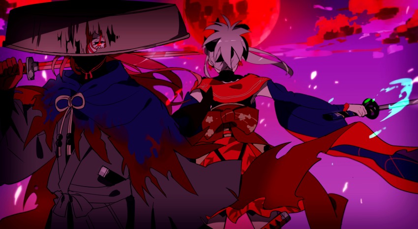 1boy 1girl commentary_request detached_sleeves earrings fate/grand_order fate_(series) glowing glowing_eyes highres hiiragi_fuyuki holding holding_sword holding_weapon japanese_clothes jewelry koha-ace long_hair long_sleeves md5_mismatch miyamoto_musashi_(fate) miyamoto_musashi_(third_ascension)_(fate) moon obi okada_izou_(fate) okada_izou_(second_ascension)_(fate) over_shoulder pink_hair red_eyes red_hair red_moon resized sandogasa sash scabbard sheath standing sword upscaled weapon weapon_over_shoulder wide_sleeves