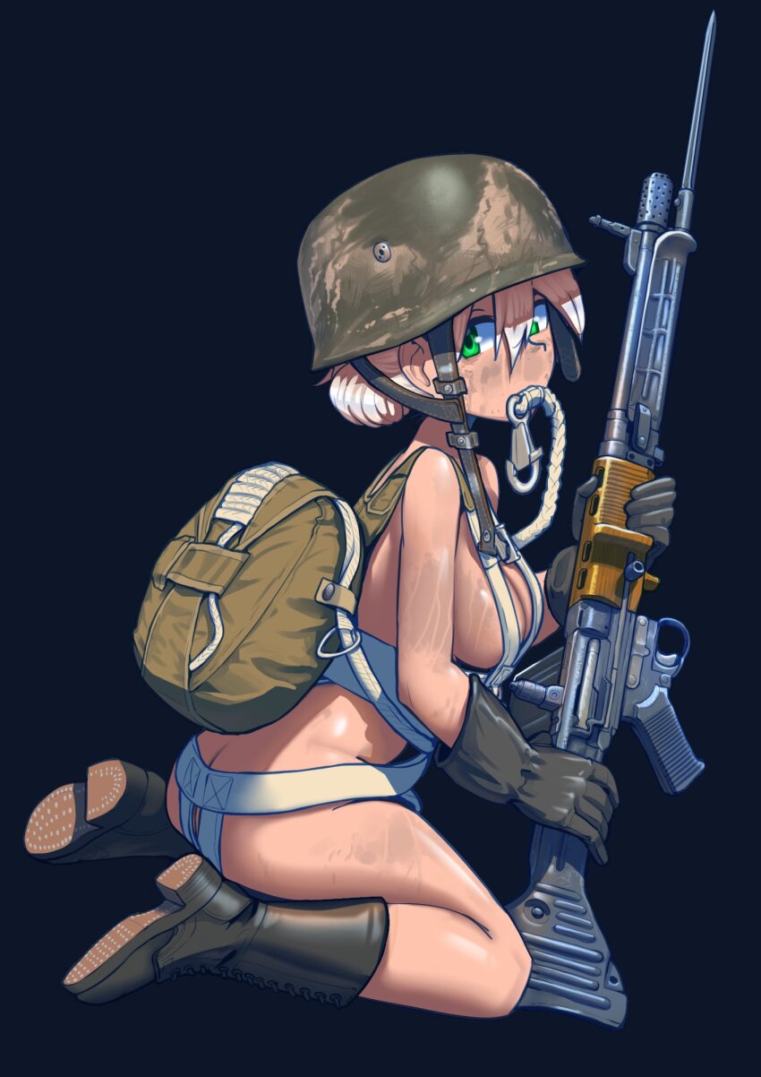 1girl ass backpack bag battle_rifle bayonet belt black_boots black_gloves blonde_hair boots breasts butt_crack chin_strap combat_boots combat_helmet commentary commission dirty dirty_face erica_(naze1940) fallschirmhelm fallschirmjaeger fg42 full_body german_army gloves green_eyes green_helmet gun hair_between_eyes hair_bun helmet highres holding holding_gun holding_weapon kneeling lace-up_boots long_hair looking_at_viewer luftwaffe magazine_(weapon) medium_breasts military mouth_hold nude original paratrooper rifle simple_background soldier solo strap sweat undone_chin_strap weapon world_war_ii