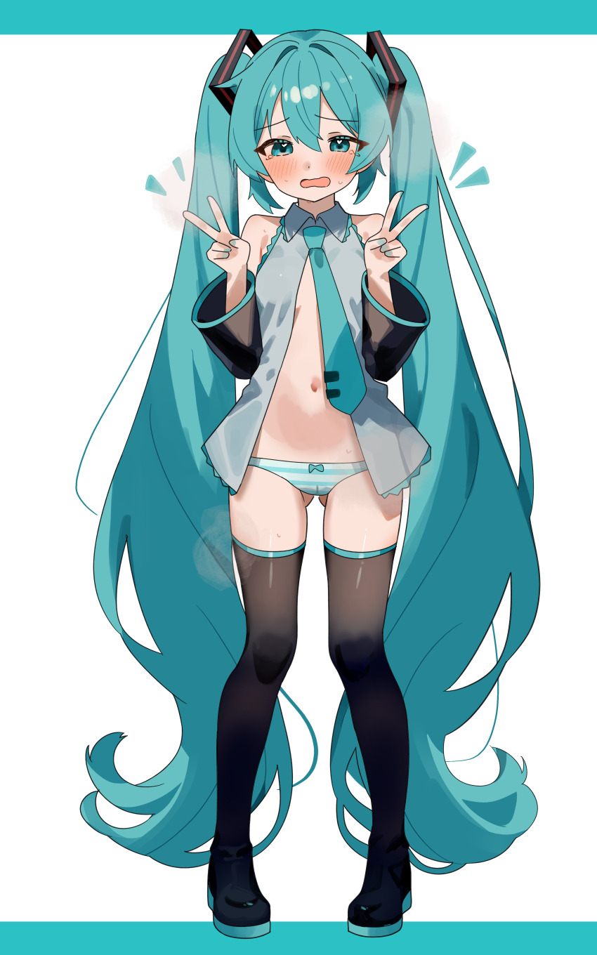 1girl absurdres aqua_border aqua_eyes aqua_hair aqua_nails aqua_necktie aqua_panties black_sleeves black_thighhighs blush border bow bow_panties coco_irasuto detached_sleeves double_v embarrassed full_body gluteal_fold grey_shirt hair_intakes hatsune_miku heavy_breathing highres long_hair looking_down navel necktie no_bra notice_lines open_clothes open_mouth open_shirt panties shirt sleeveless sleeveless_shirt solo stomach striped_clothes striped_panties sweat tearing_up thighhighs transparent_background twintails underwear v very_long_hair vocaloid wavy_mouth white_panties
