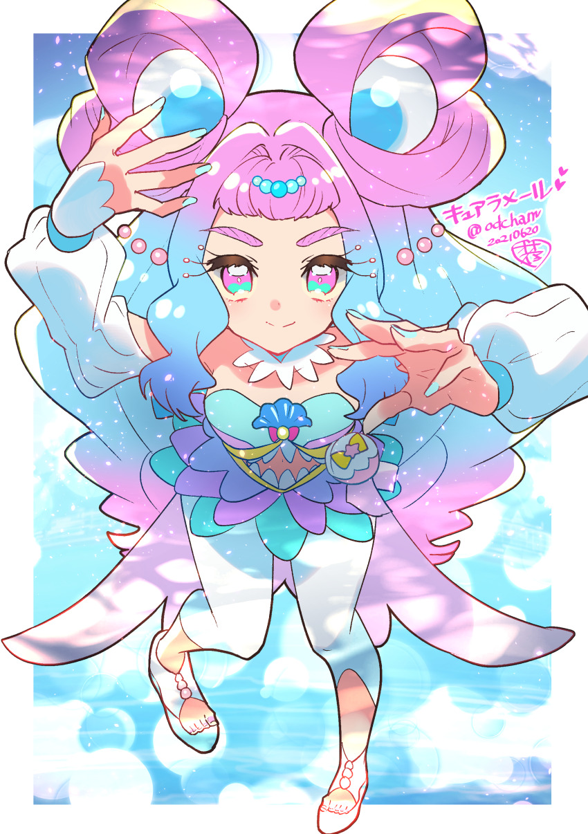 1girl absurdres aqua_eyes aqua_hair aqua_nails arm_up breasts closed_mouth commentary_request cure_la_mer detached_collar gradient_eyes gradient_hair highres jewelry laura_la_mer layered_skirt long_hair long_sleeves looking_at_viewer magical_girl medium_breasts midriff multicolored_eyes multicolored_hair nail_polish ooha_maiko pearl_hair_ornament pink_eyes pink_hair precure skirt smile solo toenail_polish toenails tropical-rouge!_precure very_long_hair