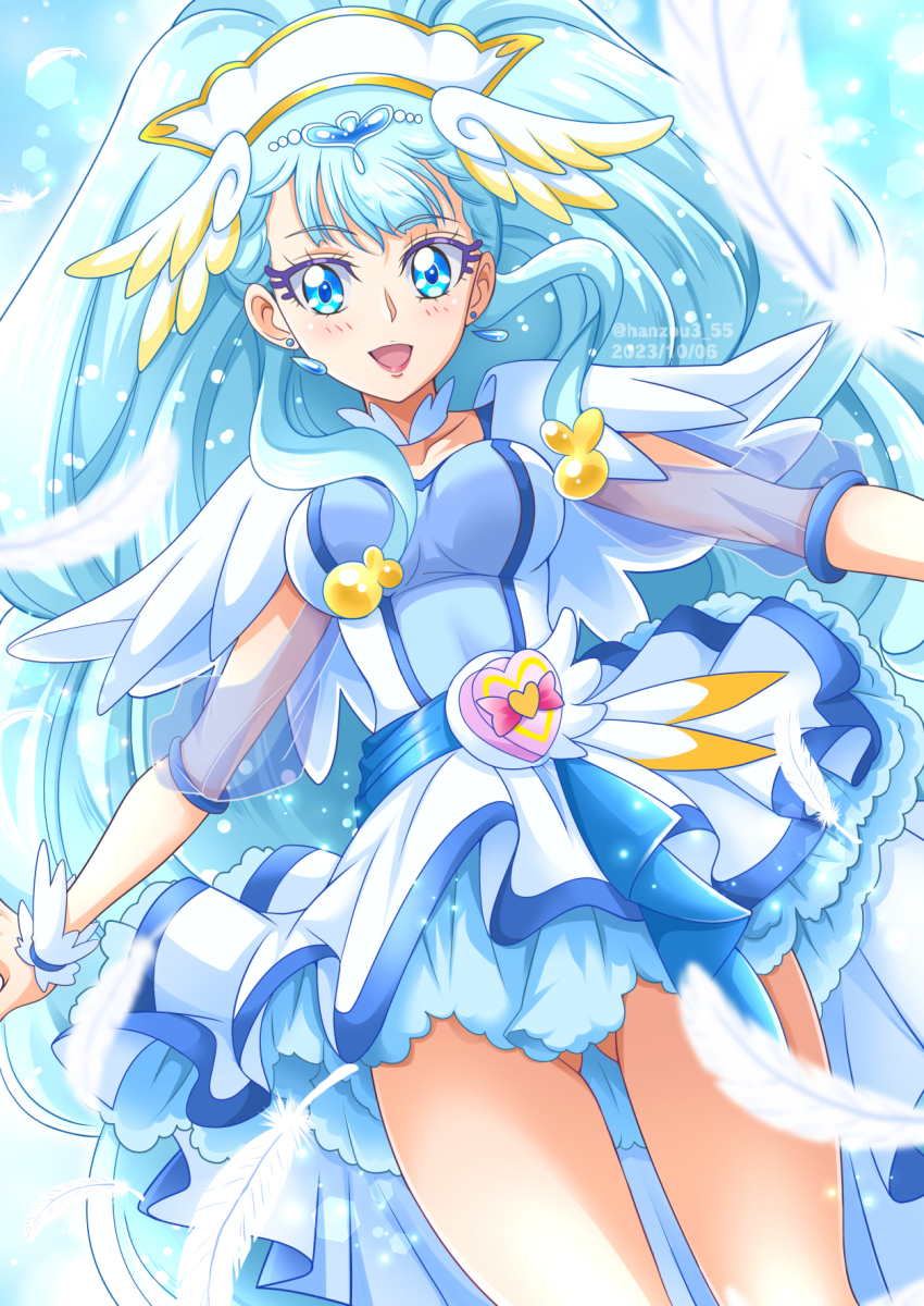1girl blue_background blue_hair blush breasts cure_ange dress earrings feathers gluteal_fold gradient_background hair_ornament hanzou hat head_wings heart_pouch highres hugtto!_precure jewelry long_hair looking_at_viewer magical_girl medium_breasts nurse_cap open_mouth precure see-through_clothes see-through_sleeves smile solo thick_eyelashes thighs very_long_hair wings wrist_cuffs yakushiji_saaya