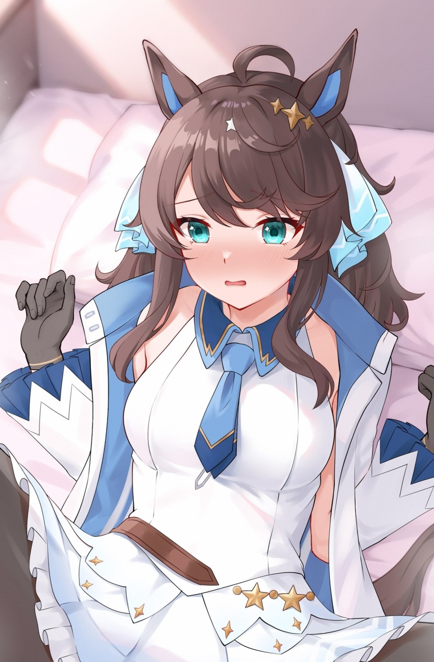 1girl ahoge animal_ears bed belt black_hair blue_eyes blush commentary_request daring_tact_(umamusume) gloves hair_ornament highres horse_ears horse_girl looking_at_viewer necktie outstretched_arms pillow solo spread_arms star_(symbol) star_hair_ornament umamusume vividrabbit