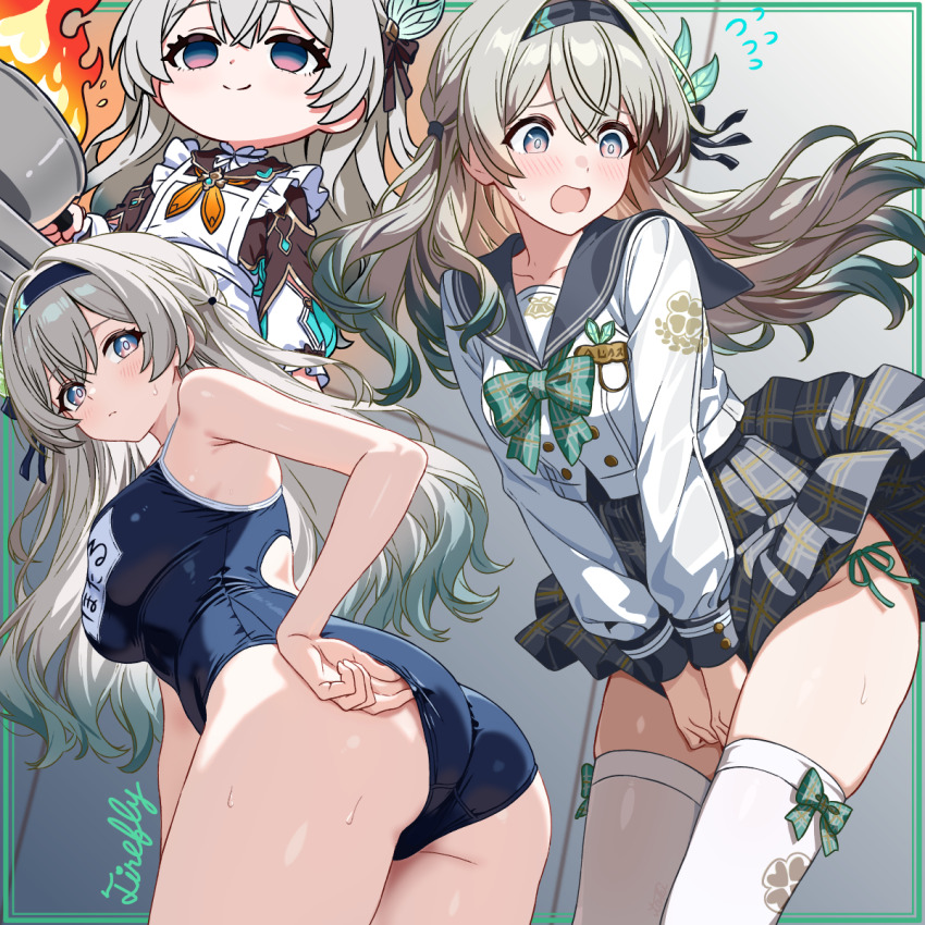 1girl adjusting_clothes adjusting_swimsuit alternate_costume apron armpit_crease ass black_hairband blush bow breasts bug closed_mouth collarbone embarrassed fire firefly firefly_(honkai:_star_rail) firefly_(spring_missive)_(honkai:_star_rail) frilled_apron frills green_bow grey_hair grey_skirt hair_between_eyes hair_ornament hairband hand_on_own_crotch highres honkai:_star_rail honkai_(series) insect large_breasts long_hair long_sleeves looking_back neckerchief official_alternate_costume one-piece_swimsuit open_mouth orange_neckerchief pink_eyes school_swimsuit school_uniform skirt smile sweat swimsuit thighhighs tokinin4 white_apron white_thighhighs