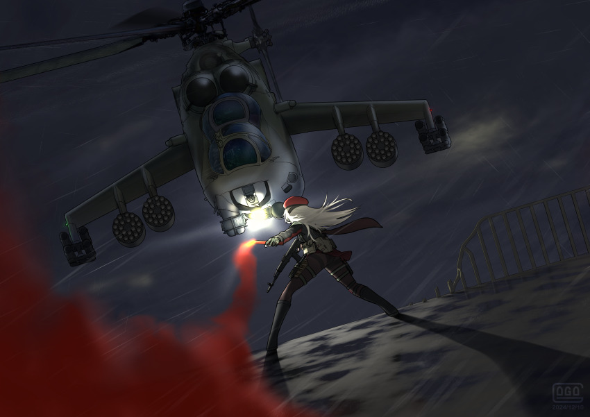 1girl 2others absurdres aircraft ak-74m ak74m_(girls&#039;_frontline) ammunition_pouch assault_rifle attack_helicopter beret black_footwear black_jacket black_panties boots breasts capelet dated ear_protection finger_on_trigger fingerless_gloves flare girls&#039;_frontline gloves gogo_(gogo_23) gun hat helicopter highres holding holding_flare holding_weapon holster holstered jacket kalashnikov_rifle knife long_hair mi-24 military military_vehicle missile_pod multiple_others outdoors panties pantyhose pouch rain rifle signature small_breasts smoke spotlight underwear weapon white_hair