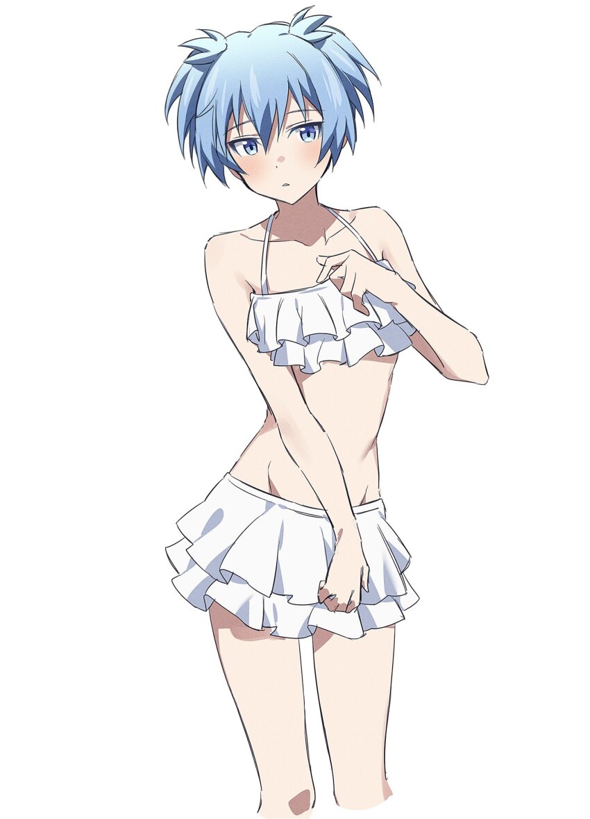 1boy ansatsu_kyoushitsu bikini blue_eyes blue_hair blush crossdressing crossdressing_(mtf) dot_nose embarrassed frilled_bikini frilled_bikini_top frilled_skirt frills highres male_focus shiota_nagisa short_twintails simple_background skirt solo swimsuit trap twintails white_background yur11