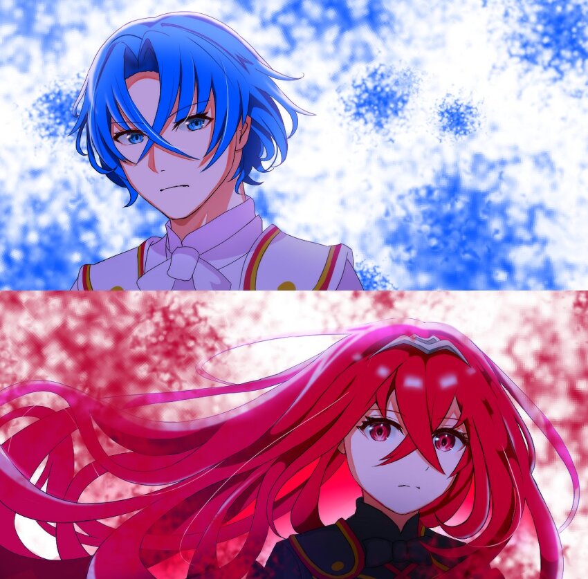1boy 1girl blue_eyes blue_hair closed_mouth crossed_bangs female_alear_(fell_dragon)_(fire_emblem) female_alear_(fire_emblem) female_alear_(red_days_past)_(fire_emblem) fire_emblem fire_emblem_engage frown hair_between_eyes long_hair male_alear_(divine_dragon)_(fire_emblem) male_alear_(fire_emblem) nintendo red_eyes red_hair shia_(dmff8555) short_hair tiara upper_body very_long_hair