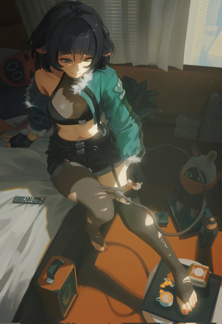 1girl animal_ears black_hair black_shorts black_thighhighs blue_jacket blunt_bangs bridal_legwear closed_mouth controller crop_top curtains eous_(zenless_zone_zero) fingerless_gloves fingernails full_body fur-trimmed_jacket fur_trim garter_straps gloves green_eyes green_hair green_jacket highres indoors jacket jane_doe_(zenless_zone_zero) long_hair long_sleeves midriff mouse_ears mouse_girl nail_polish navel no_shoes open_clothes open_jacket pantyhose red_nails remote_control shorts sidelocks sitting smile solo stomach thighhighs toenail_polish toenails torn_clothes torn_pantyhose window yao_liao_wang zenless_zone_zero