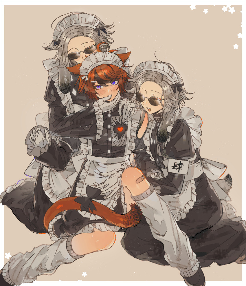 3boys ahoge alternate_costume animal_ears aotsuki_eito apron armband biting_another&#039;s_finger black_bow black_dress black_streaks blue_eyes border bow brown_background cat_boy cat_ears cat_tail chinese_commentary clone clone_harem commentary_request crossdressing crossdressing_(mtf) dress enmaided eyeshadow frilled_apron frills gakuran glasses gloves grey_hair grey_leg_warmers hand_on_another&#039;s_shoulder heart highres hole_in_chest hole_on_body juliet_sleeves kemonomimi_mode knee_up kneeling last_defense_academy_school_uniform leg_warmers long_sleeves maid maid_apron maid_headdress makeup male_focus male_maid multicolored_hair multiple_boys outside_border puffy_sleeves rabbit_boy rabbit_ears red_eyeshadow red_hair school_uniform short_hair sitting streaked_hair sumino_takumi sweat syuu_1125 tail tail_bow tail_ornament the_hundred_line_-last_defense_academy- white_apron white_armband white_border white_gloves yaoi