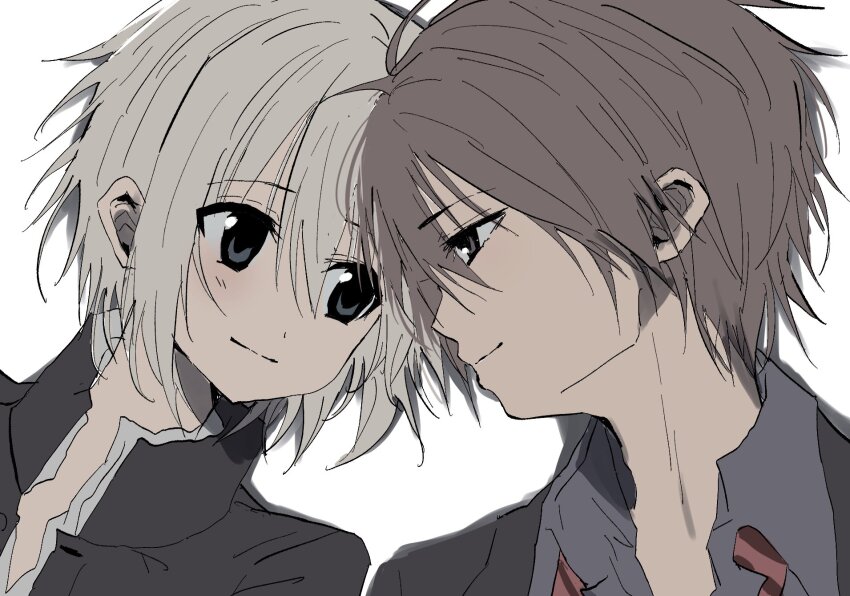 2boys bow bowtie brown_eyes brown_hair closed_mouth green_eyes highres kasukasugom1 kusanagi_naoya looking_at_another male_focus multiple_boys natsume_kei_(sakura_no_uta) sakura_no_toki sakura_no_uta school_uniform short_hair simple_background smile white_background white_hair