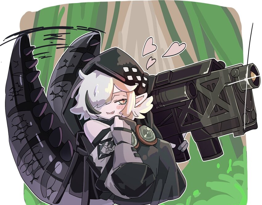 1girl arknights fim-92_stinger hair_over_one_eye heart jacket lizard_tail pointy_ears reptile_girl rocket_launcher solo sparkle taiiiyakiii tail tail_wagging tomimi_(arknights) weapon white_hair