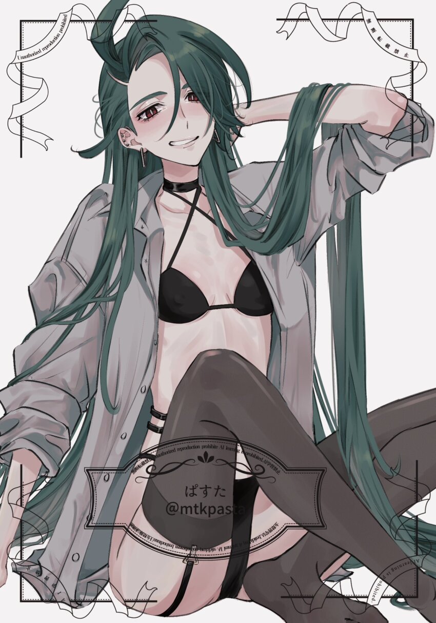 1girl arm_behind_head artist_name blouse choker collarbone earrings female_focus flat_chest garter_straps green_hair jewelry light_blush lingerie long_hair looking_at_viewer mtkpasta open_clothes pokemon pokemon_sv red_eyes rika_(pokemon) shirt skinny teeth twitter_username underwear very_long_hair