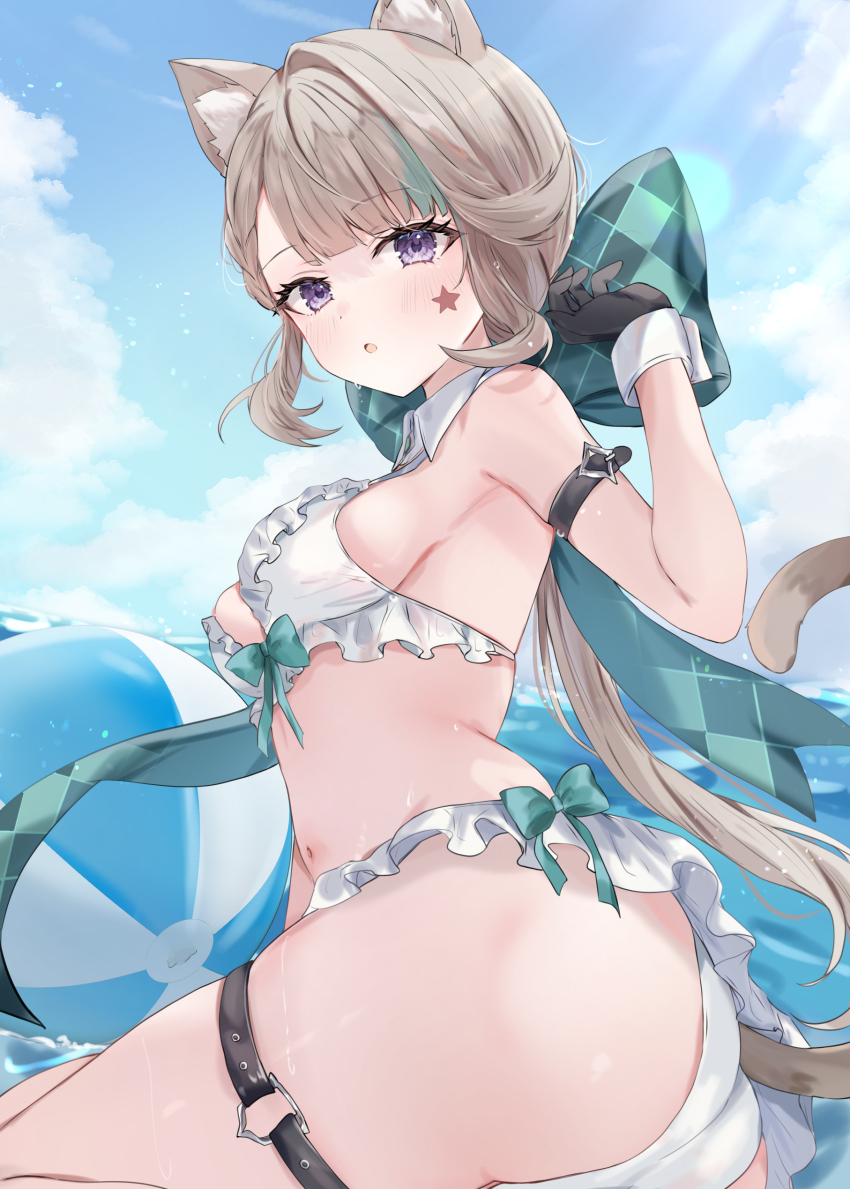 1girl :o absurdres alternate_costume animal_ears aqua_bow arm_belt ass ball beachball belt bikini black_gloves blue_sky blush bow breasts cat_ears cat_girl cat_tail commentary_request day facial_mark genshin_impact gloves grey_hair hand_up highres huge_bow long_hair looking_at_viewer looking_back lynette_(genshin_impact) maruro medium_breasts navel open_mouth purple_eyes sky solo star_(symbol) star_facial_mark stomach swimsuit tail thigh_belt thigh_strap white_bikini wrist_cuffs