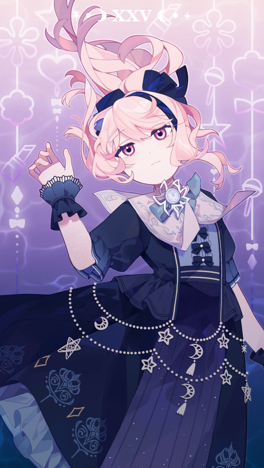 1other akiyama_mizuki aqua_bow aqua_bowtie arm_at_side black_bow black_dress black_wrist_cuffs bow bowtie chinese_commentary closed_mouth commentary_request crescent dress dress_bow floating_hair frilled_sleeves frilled_wrist_cuffs frills gradient_background hair_bow hand_up highres laylayhappy light_smile long_hair looking_at_viewer other_focus pink_background pink_eyes pink_hair project_sekai puffy_short_sleeves puffy_sleeves purple_background short_sleeves simple_background solo star_(symbol) two-tone_background upper_body wrist_cuffs