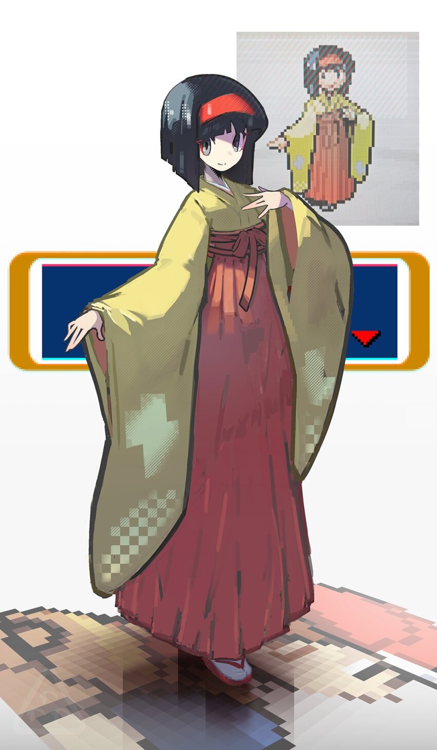 1boy 1girl baseball_cap black_hair breasts brown_eyes brown_hair closed_mouth erika_(pokemon) hairband hakama hakama_skirt hat highres jacket japanese_clothes kimono looking_at_viewer nintendo pokemon pokemon_frlg red_(pokemon) red_hairband red_hakama red_hat shakeeeeeeeee shirt short_hair short_sleeves skirt smile solo yellow_kimono