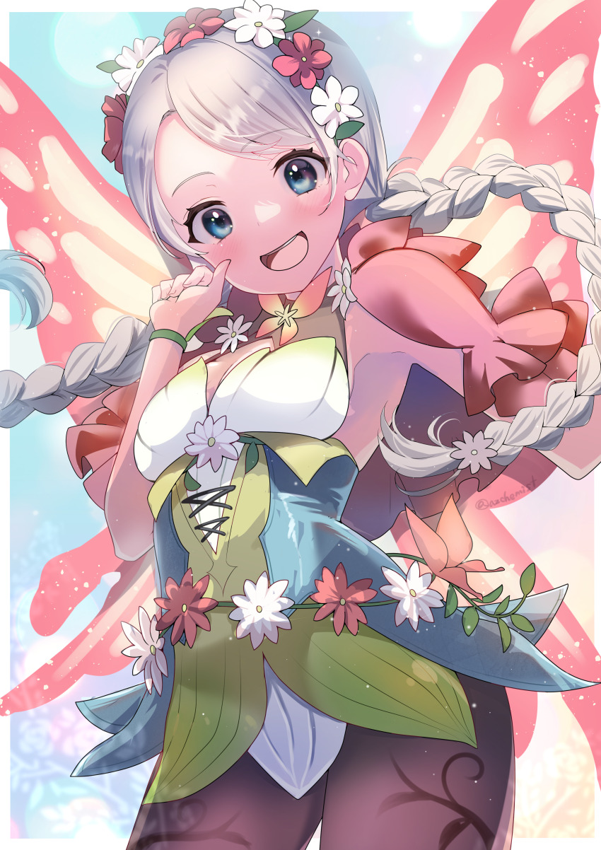 1girl absurdres armpits azusa_(azchemist63) blue_eyes bracelet braid brown_pantyhose butterfly_wings capelet commission commissioner_upload cross-laced_clothes cross-laced_dress dress fairy_wings fire_emblem fire_emblem_fates fire_emblem_heroes flower flower_bracelet gradient_clothes grey_hair hair_vines highres insect_wings jewelry leaf_bracelet long_hair low_twin_braids low_twintails nina_(fire_emblem) nina_(resplendent)_(fire_emblem) nintendo official_alternate_costume open_mouth pantyhose parted_bangs pink_capelet pink_flower short_dress skeb_commission smile solo twin_braids twintails vine_belt vine_bracelet vine_harness vine_print white_flower wings