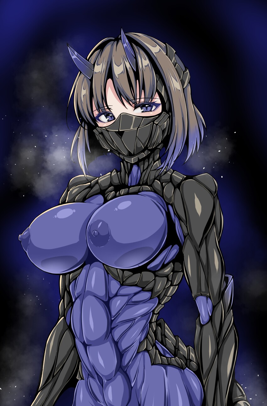 1girl abs absurdres arms_at_sides black_bodysuit blue_hair bodysuit breasts brown_hair gradient_hair highres horns impossible_bodysuit impossible_clothes large_breasts looking_at_viewer mask mouth_mask multicolored_hair muscular muscular_female navel nipples original purple_bodysuit purple_eyes schopdehollyhotter short_hair solo standing two-tone_bodysuit two-tone_hair variant_set