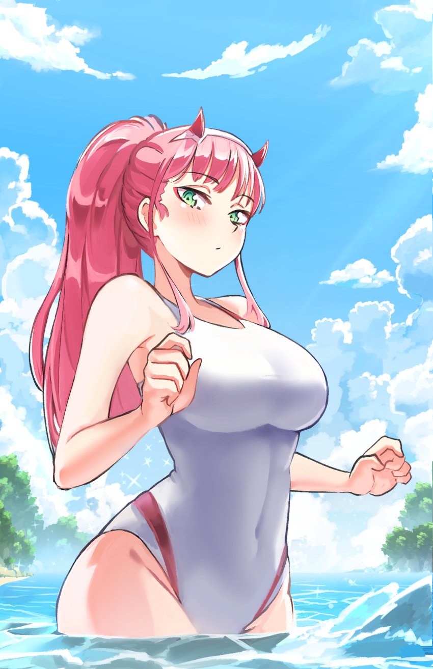 1girl absurdres blue_sky blush breasts cleavage cloud cloudy_sky darling_in_the_franxx green_eyes half-closed_eyes highres horns lake large_breasts long_hair one-piece_swimsuit pink_hair ponytail sky solo swimsuit very_long_hair water white_one-piece_swimsuit zero_two_(darling_in_the_franxx)
