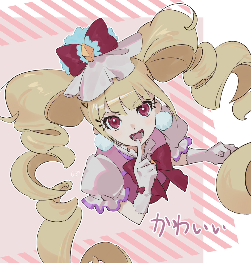1girl absurdres aisaki_emiru blonde_hair boots border bow bowtie brown_boots clenched_hand cropped_torso cure_macherie diamond_brooch dot_nose dress drill_hair earrings finger_to_mouth frilled_bow frilled_dress frilled_headwear frilled_sleeves frills fur_hat gloves happy hat hat_bow highres hugtto!_precure jewelry large_earrings long_hair looking_at_viewer lower_teeth_only magical_girl makeup mascara mini_hat open_mouth outline outside_border pink_dress pom_pom_(clothes) pom_pom_earrings precure puffy_short_sleeves puffy_sleeves red_bow red_bowtie red_eyes shipu_(gassyumaron) short_sleeves smile solo tareme teeth translation_request twin_drills twintails very_long_hair white_border white_gloves white_hat white_outline white_sleeves wrist_bow yellow_brooch