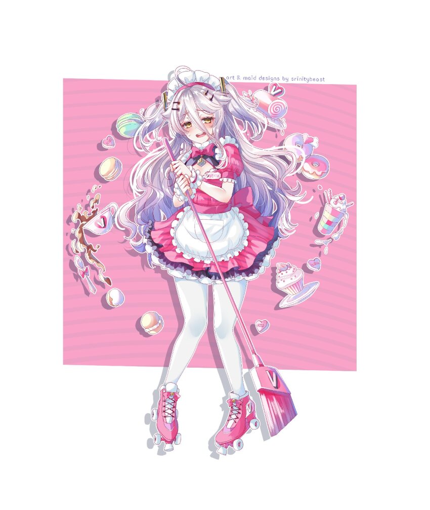 1girl apron artist_name blush bow bowtie broom cleavage_cutout clothing_cutout cup cupcake dress food grey_hair hair_between_eyes hair_ornament heart henya_the_genius highres holding holding_broom inline_skates long_hair macaron maid_headdress milkshake name_tag open_mouth pantyhose pink_bow pink_bowtie pink_dress roller_skates skates solo srinitybeast sweat teacup virtual_youtuber vshojo waist_apron white_apron white_pantyhose yellow_eyes