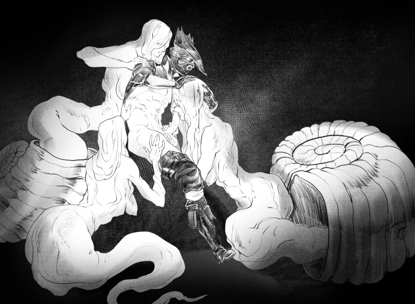 1boy 3girls absurdres bloodborne breasts caio_santos emaciated erection fellatio greyscale hair_over_eyes hat highres hunter_(bloodborne) interspecies mask monochrome monster_girl mouth_mask multiple_girls nipples oral penis shell snail_girl snail_shell snail_woman_(bloodborne) tricorne undressing_another