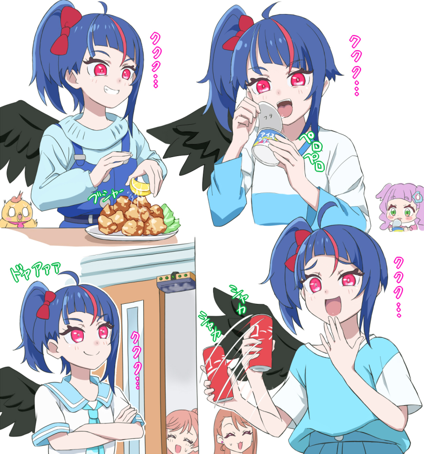 4girls afterimage black_wings blank_eyes blue_hair blue_neckerchief blue_sailor_collar blue_shirt blue_sky blue_sweater brown_hair can chicken_(food) commentary cure_sky cure_sky_(dark) cut_bangs drink_can earrings ellee-chan eraser evil_grin evil_smile feathered_wings food fried_chicken fruit fuji_hyorone green_eyes grin hair_bun hair_ribbon half-closed_eye hand_to_own_mouth highres hijiri_ageha hirogaru_sky!_precure holding holding_can holding_food ice_cream indoors jaw_drop jewelry lemon lemon_slice licking long_sleeves medium_hair motion_blur multicolored_hair multiple_girls neckerchief nijigaoka_mashiro overalls pink_hair precure purple_hair red_eyes red_hair red_ribbon ribbon sailor_collar school_uniform shirt short_sleeves side_ponytail single_hair_bun single_sidelock single_wing sky sliding_doors smile soda_can sora_harewataru sorashido_academy_school_uniform streaked_hair stud_earrings sweatdrop sweater translated wide-eyed wings yuunagi_tsubasa yuunagi_tsubasa_(bird)