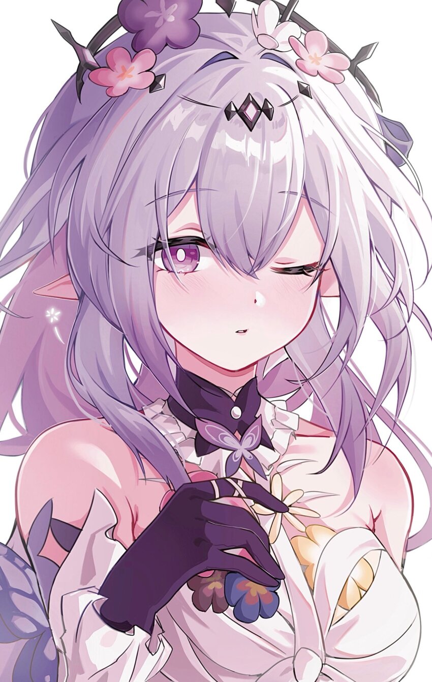 1girl bare_shoulders black_tiara blush breasts bright_pupils castorice_(honkai:_star_rail) collar commentary dress flower frilled_collar frills geumxxi gloves hair_between_eyes hair_flower hair_ornament highres honkai:_star_rail honkai_(series) long_hair looking_at_viewer one_eye_closed parted_lips pointy_ears purple_eyes purple_gloves purple_hair simple_background solo tiara upper_body white_background white_dress white_pupils