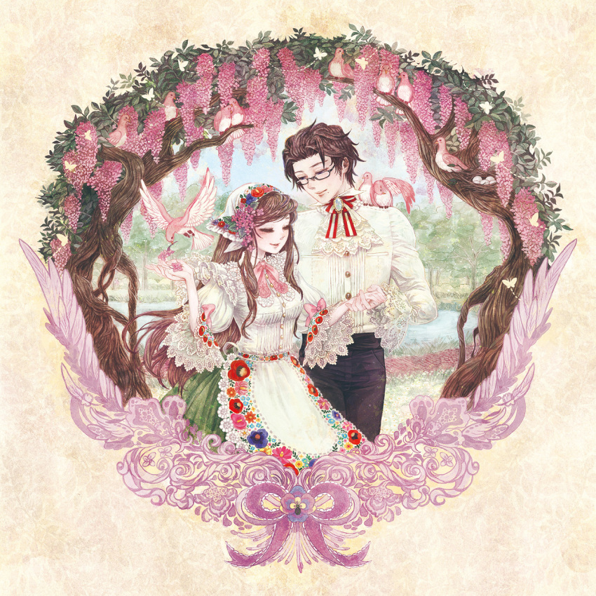 1boy 1girl apron austria_(hetalia) axis_powers_hetalia bird bow brown_hair bug butterfly closed_eyes couple floral_print flower frills glasses hair_flower hair_ornament headscarf hetero highres holding_hands hungary_(hetalia) insect lace lilac mole nest ribbon takatora too_many traditional_clothes tree white_headscarf