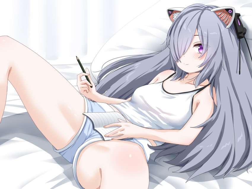 1girl animal_ears bare_shoulders blue_shorts blush book breasts camisole cat_ears closed_mouth collarbone denim fake_animal_ears feet_out_of_frame grey_hair hair_over_one_eye highres holding holding_book holding_pen holding_pencil long_hair looking_at_viewer lying masscat_(vrchat) mechanical_ears notebook on_back on_bed one_eye_covered pen pencil pillow purple_eyes short_shorts shorts smile solo spread_legs suzuki-shi tank_top thighs vrchat white_tank_top