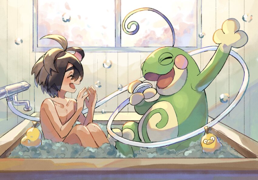 1boy antenna_hair bath black_hair blush bubble closed_eyes colored_inner_hair commentary_request completely_nude gen_1_pokemon gen_2_pokemon highres indoors kieran_(pokemon) knees_up male_focus matsuda_(0yx38755230263c) multicolored_hair nintendo nude open_mouth pokemon pokemon_(creature) pokemon_sv politoed psyduck purple_hair rubber_duck shared_bathing short_hair smile themed_object window